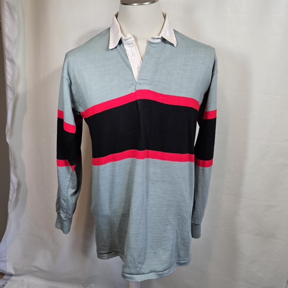 Wales Oxford Stripe LS Rugby Jersey Grey Black Red Made in England Mens 42" M/L